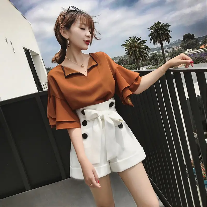 2020 Summer Korean Fashion Brown Tie-Waist Shorts Set - Image 2