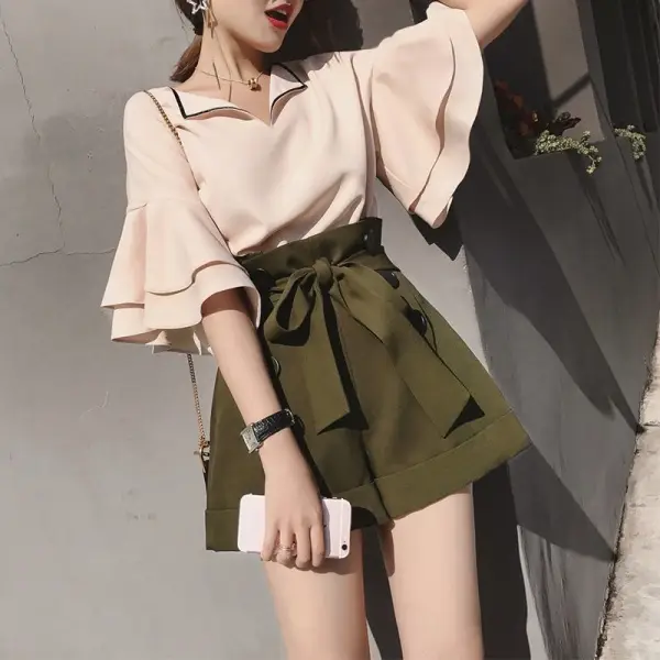 2020 Summer Korean Fashion Brown Tie-Waist Shorts Set - Image 3