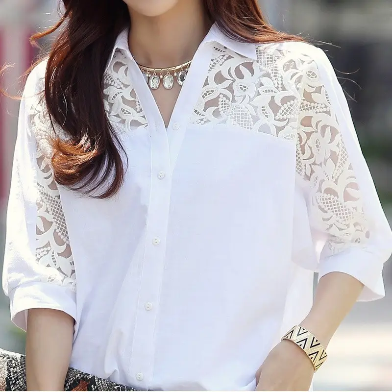 White Chiffon Lace Blouse Five Quarter Sleeve Plus Size