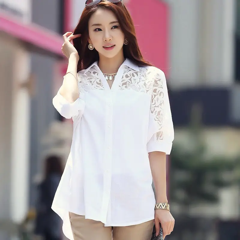 White Chiffon Lace Blouse Five Quarter Sleeve Plus Size