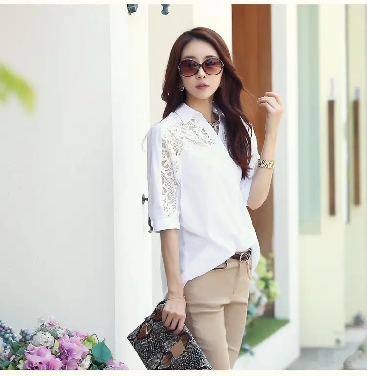 White Chiffon Lace Blouse Five Quarter Sleeve Plus Size — feature 11