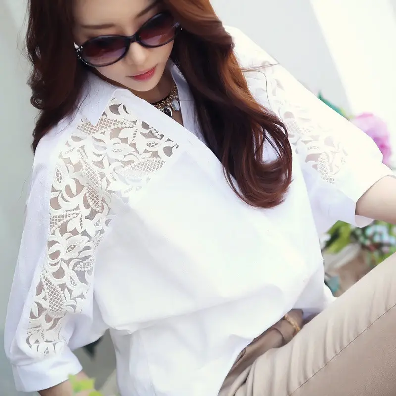 White Chiffon Lace Blouse Five Quarter Sleeve Plus Size — feature 3