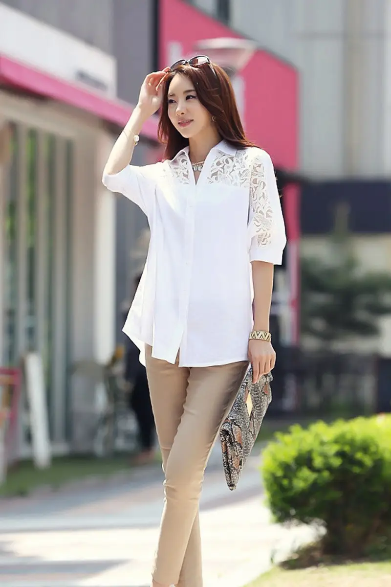 White Chiffon Lace Blouse Five Quarter Sleeve Plus Size — feature 4