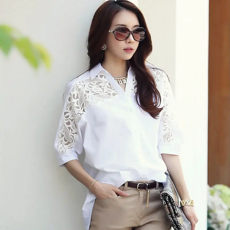 White Chiffon Lace Blouse Five Quarter Sleeve Plus Size — feature 5