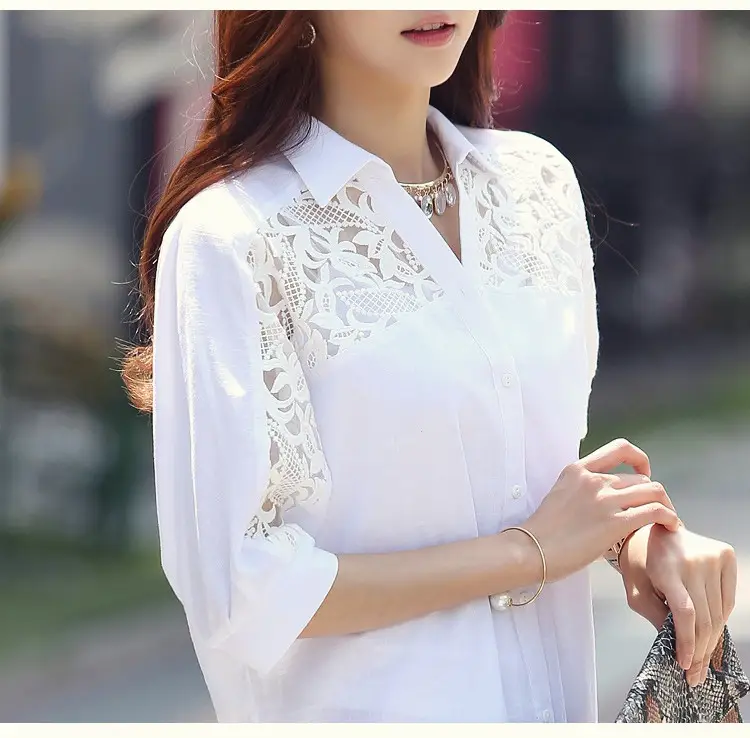 White Chiffon Lace Blouse Five Quarter Sleeve Plus Size — feature 9
