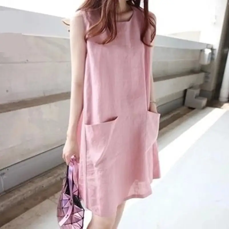 Women Linen A-Line Dress Pink Large Size Loose Pocket - Image 4