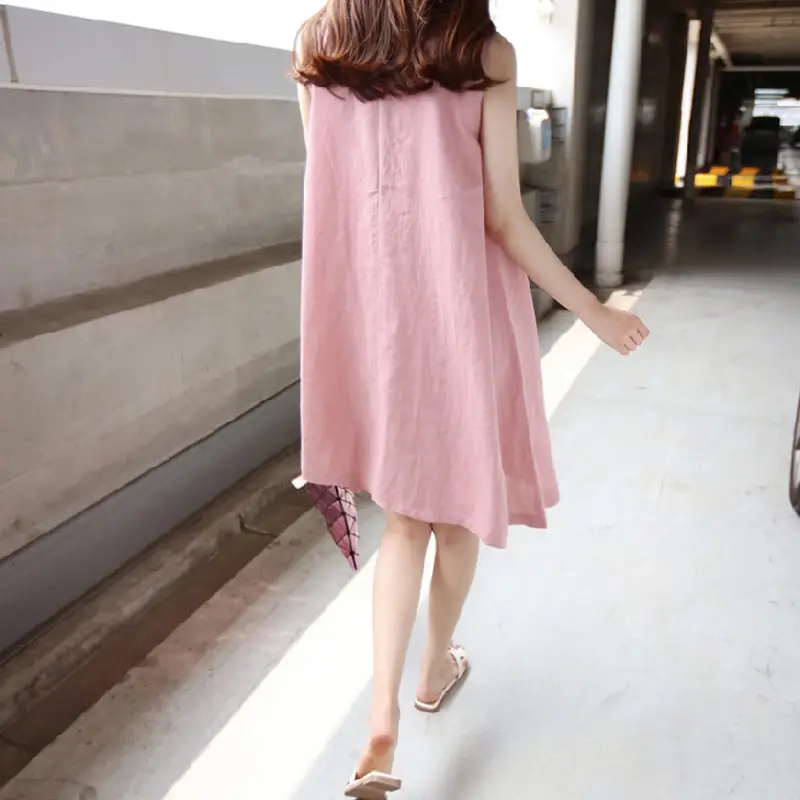 Women Linen A-Line Dress Pink Large Size Loose Pocket - Image 7