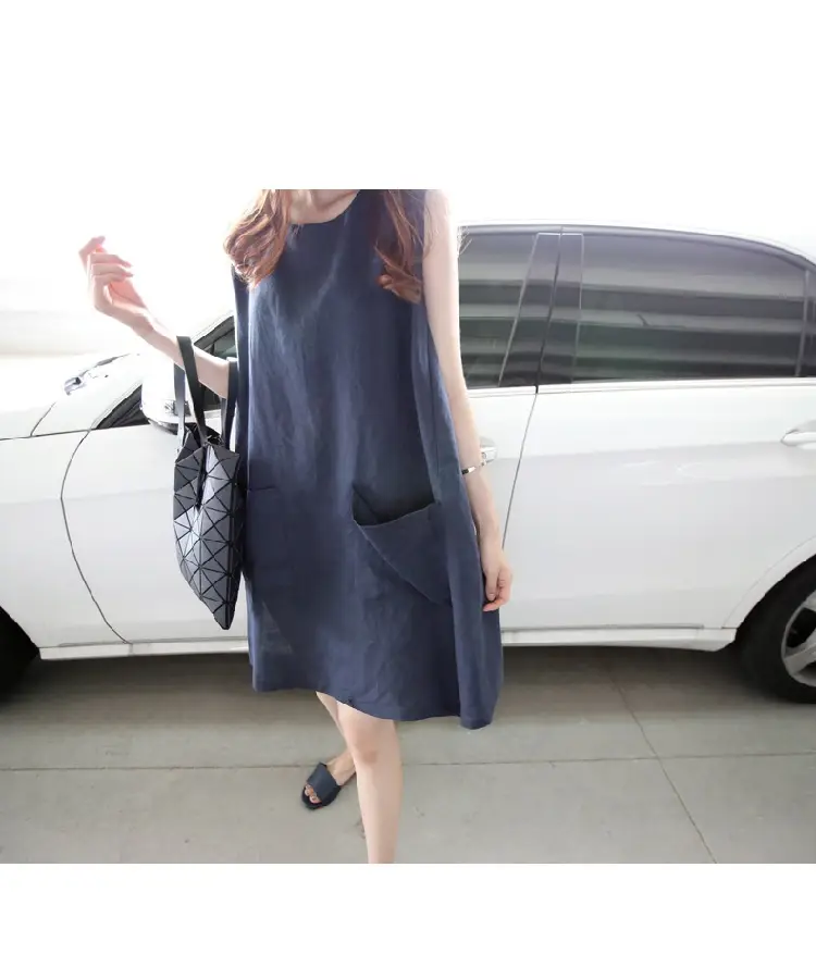 Women Linen A-Line Dress Pink Large Size Loose Pocket — feature 10