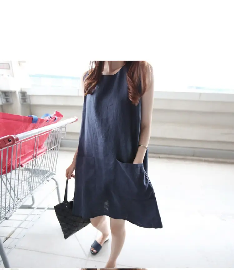 Women Linen A-Line Dress Pink Large Size Loose Pocket — feature 11