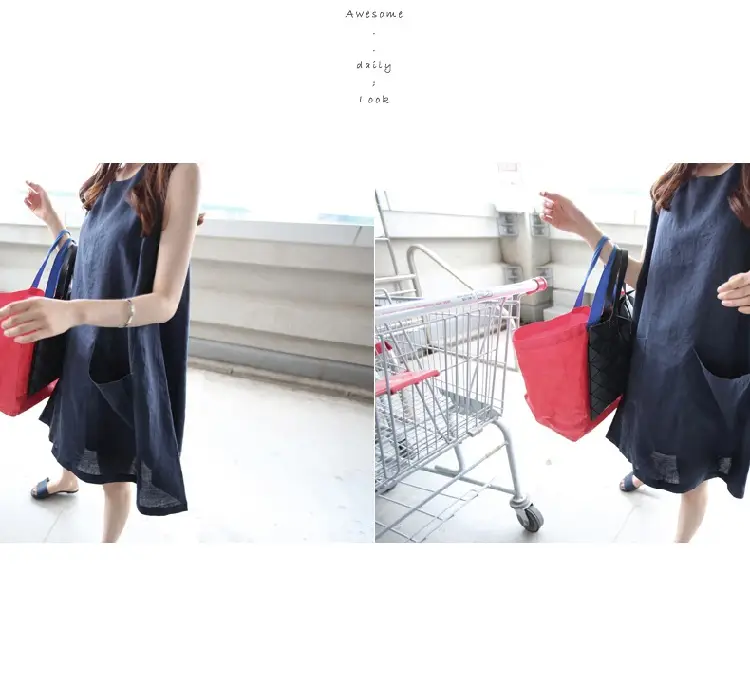 Women Linen A-Line Dress Pink Large Size Loose Pocket — feature 12