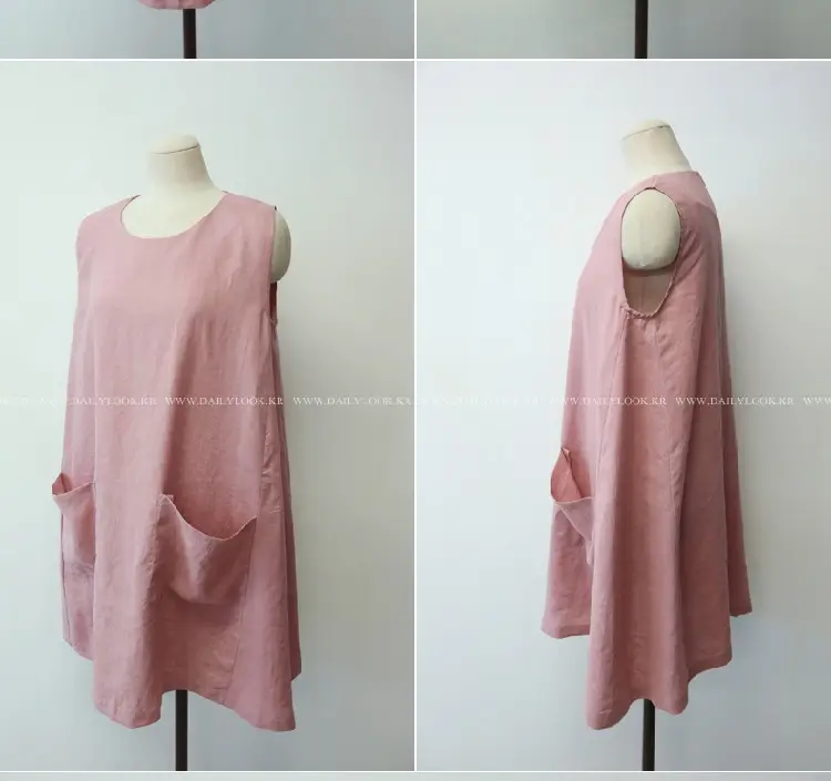 Women Linen A-Line Dress Pink Large Size Loose Pocket — feature 19