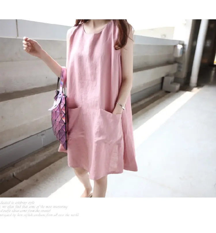 Women Linen A-Line Dress Pink Large Size Loose Pocket — feature 2