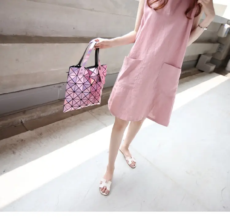 Women Linen A-Line Dress Pink Large Size Loose Pocket — feature 3