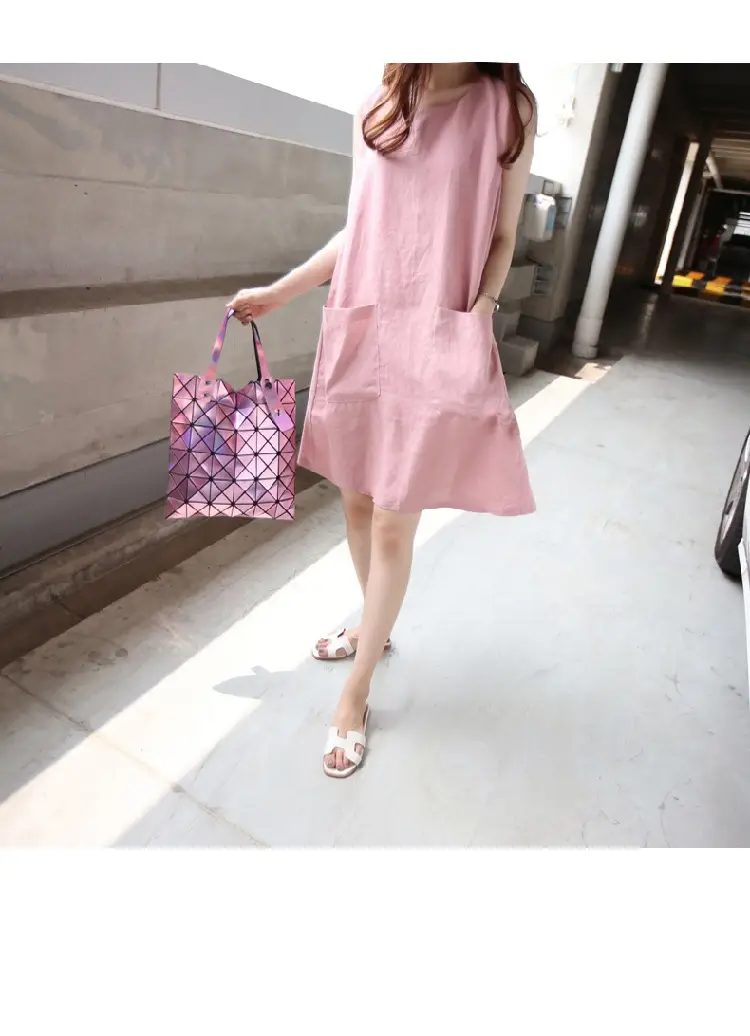 Women Linen A-Line Dress Pink Large Size Loose Pocket — feature 4