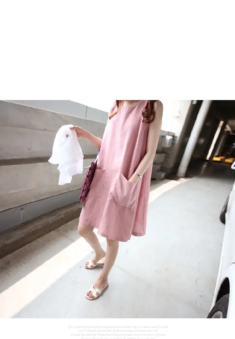 Women Linen A-Line Dress Pink Large Size Loose Pocket — feature 5
