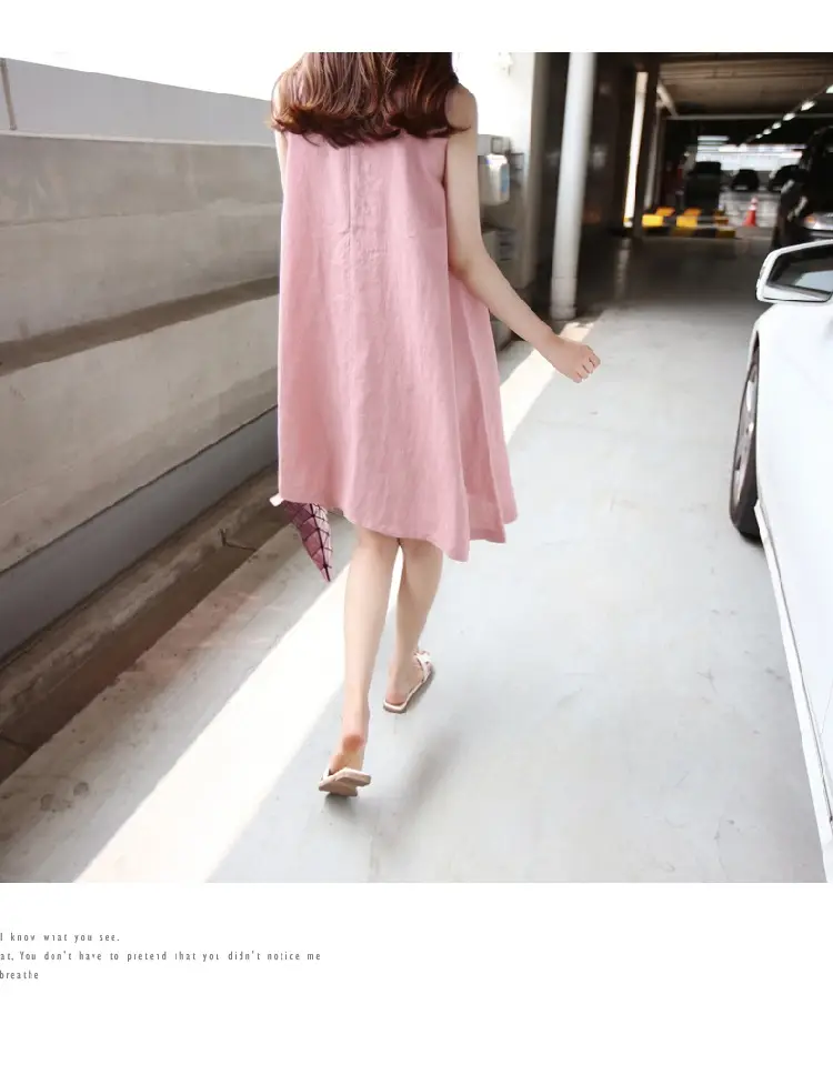 Women Linen A-Line Dress Pink Large Size Loose Pocket — feature 6