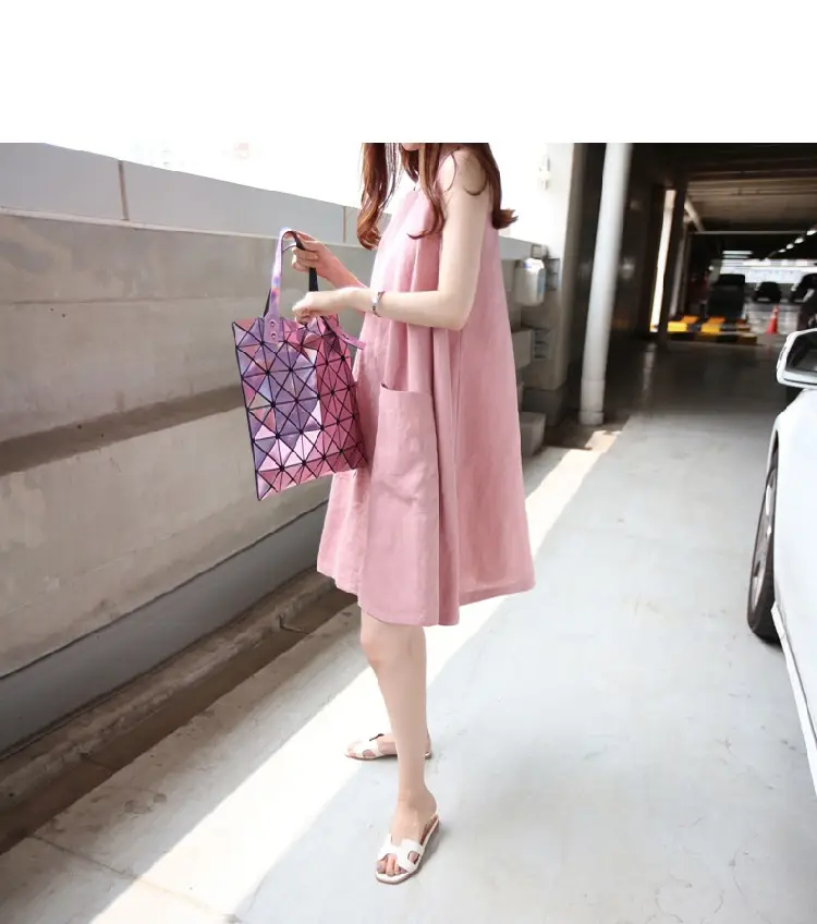 Women Linen A-Line Dress Pink Large Size Loose Pocket — feature 7