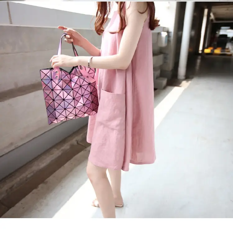 Women Linen A-Line Dress Pink Large Size Loose Pocket — feature 8