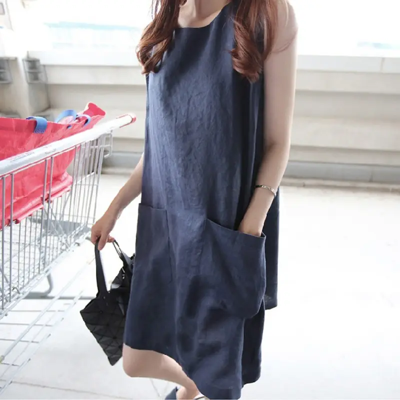 Women Linen A-Line Dress Pink Large Size Loose Pocket - Image 2