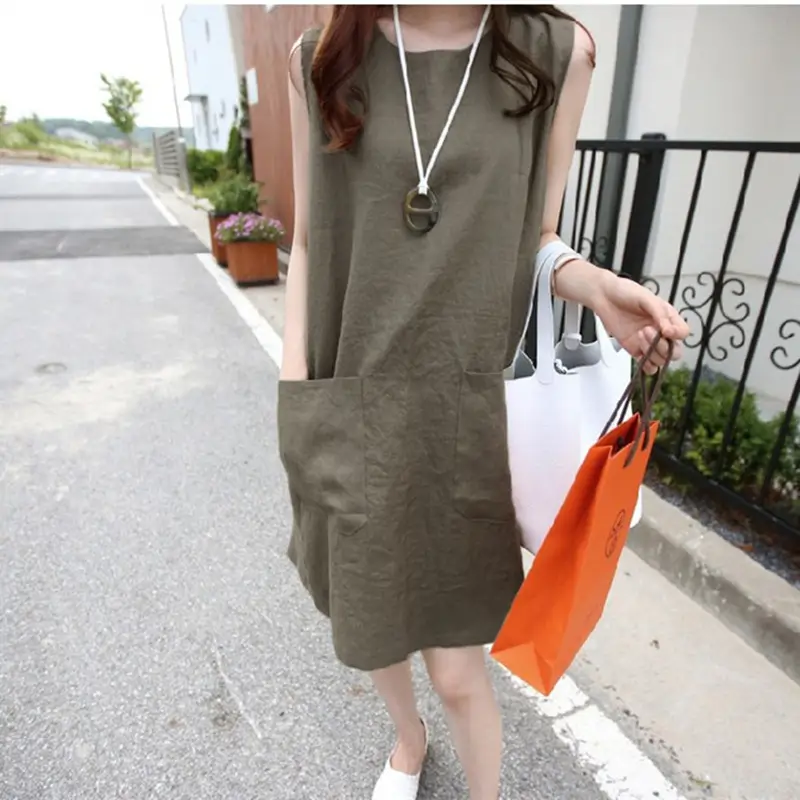 Women Linen A-Line Dress Pink Large Size Loose Pocket - Image 3