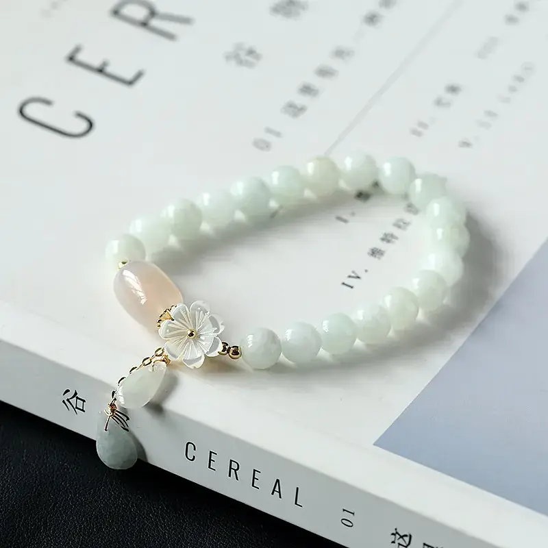 Natural Jadeite Bracelet with Flower & Pearl Drop 14K Gold