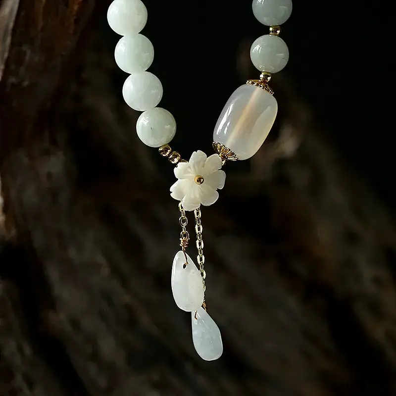 Natural Jadeite Bracelet with Flower & Pearl Drop 14K Gold