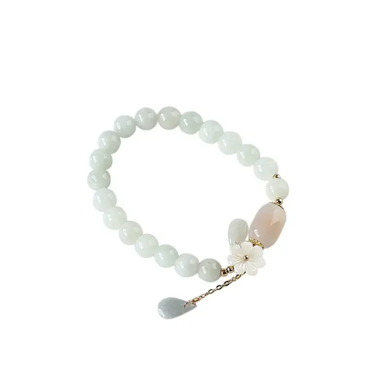 Natural Jadeite Bracelet with Flower & Pearl Drop 14K Gold
