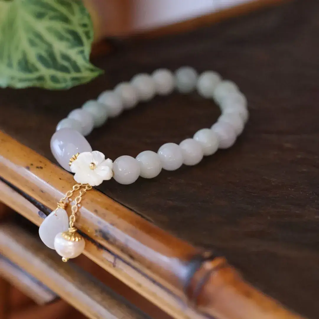 Natural Jadeite Bracelet with Flower & Pearl Drop 14K Gold