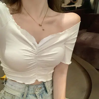 Women's Red Top with Shoulder Cut Out White Pants - Image 3