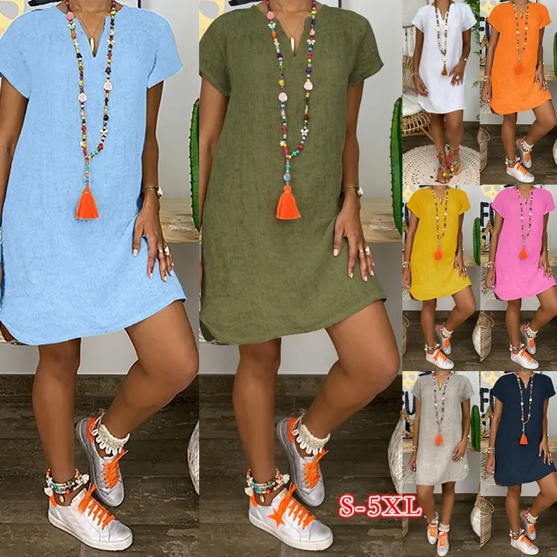 Women Cotton Linen Short Sleeve Dress Navy Blue 2024 - Image 9
