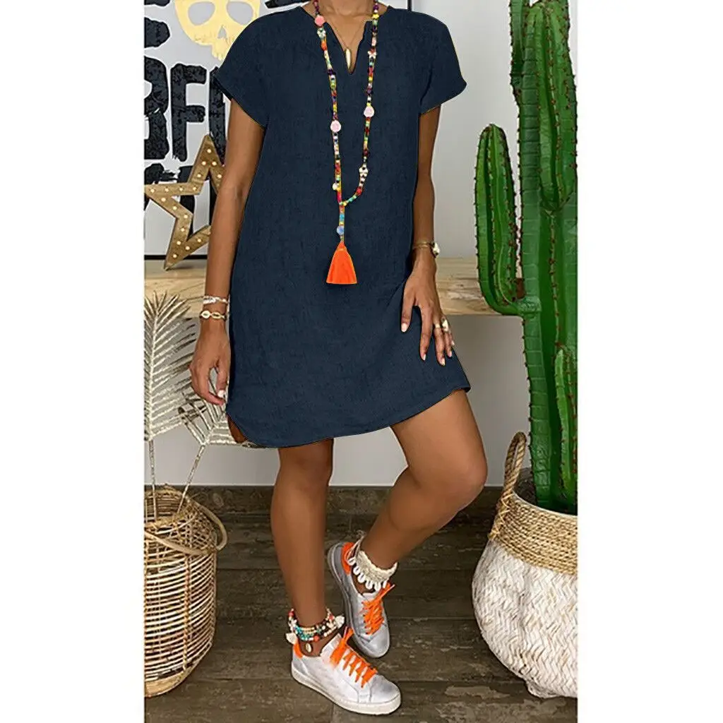 Women Cotton Linen Short Sleeve Dress Navy Blue 2024 - Image 4