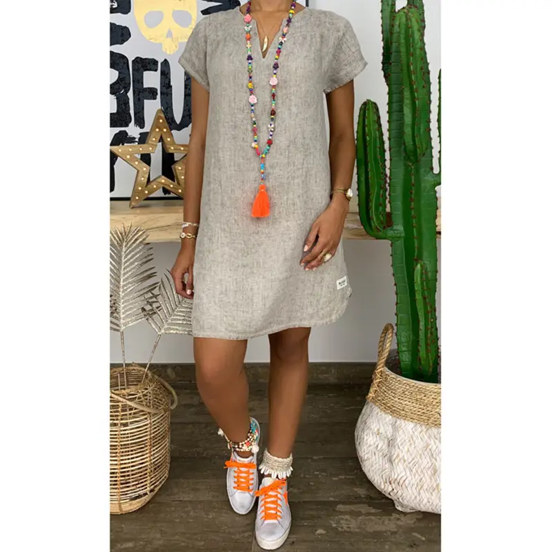 Women Cotton Linen Short Sleeve Dress Navy Blue 2024 - Image 2