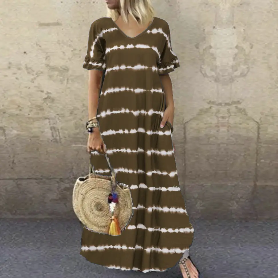 Blue Striped V-Neck Ruffle Sleeve Long Dress Large