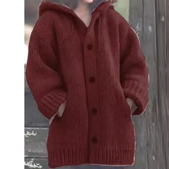 Women's Maroon Cardigan Hooded Jacket Mid-Length M107 - Image 14