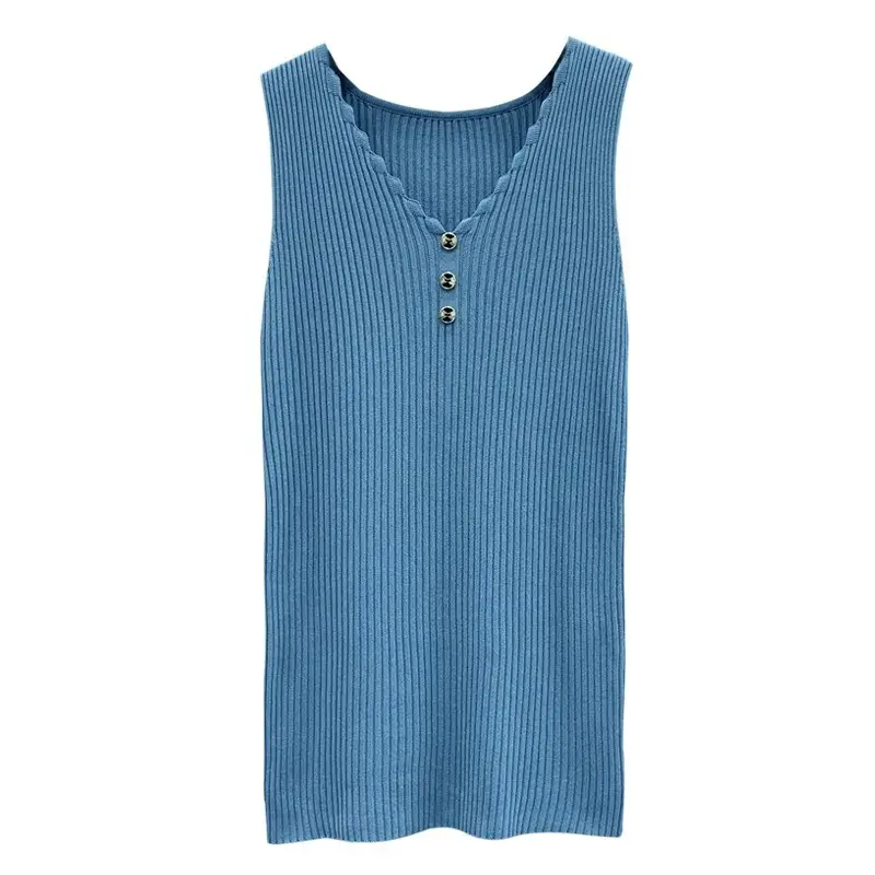 Women Button Camisole Summer Top Ice Silk Knit Yellow - Image 12