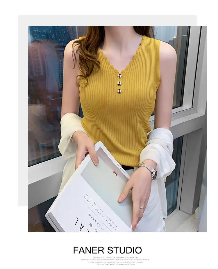 Women Button Camisole Summer Top Ice Silk Knit Yellow — feature 11