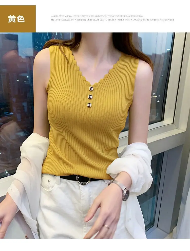 Women Button Camisole Summer Top Ice Silk Knit Yellow — feature 12