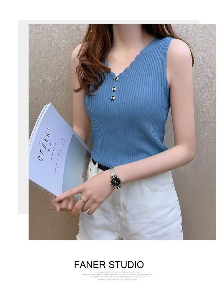 Women Button Camisole Summer Top Ice Silk Knit Yellow — feature 13