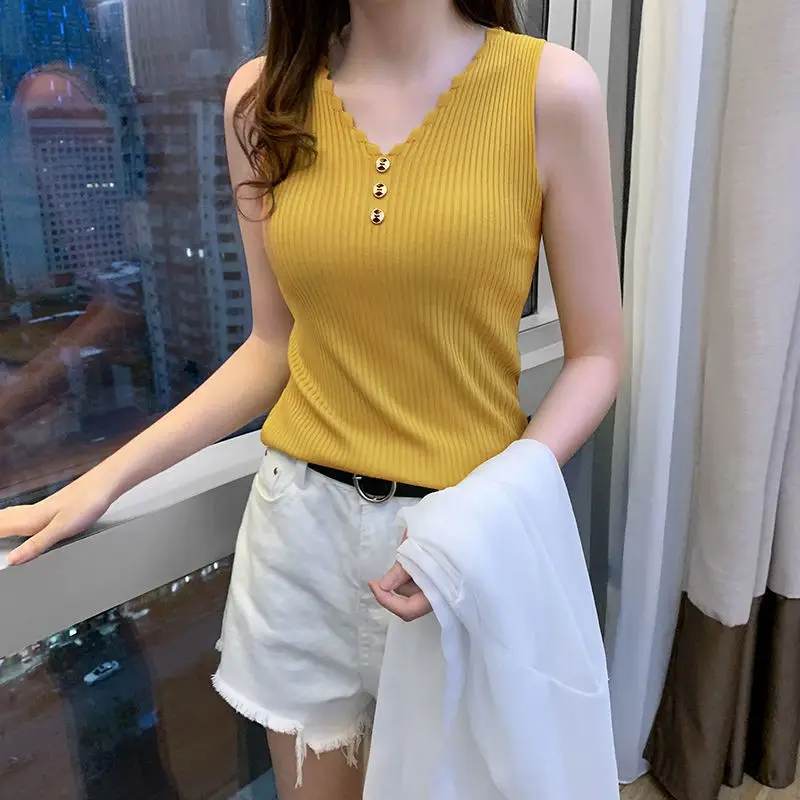 Women Button Camisole Summer Top Ice Silk Knit Yellow — feature 17