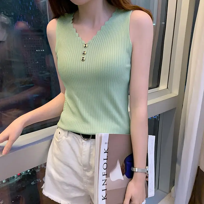 Women Button Camisole Summer Top Ice Silk Knit Yellow — feature 18