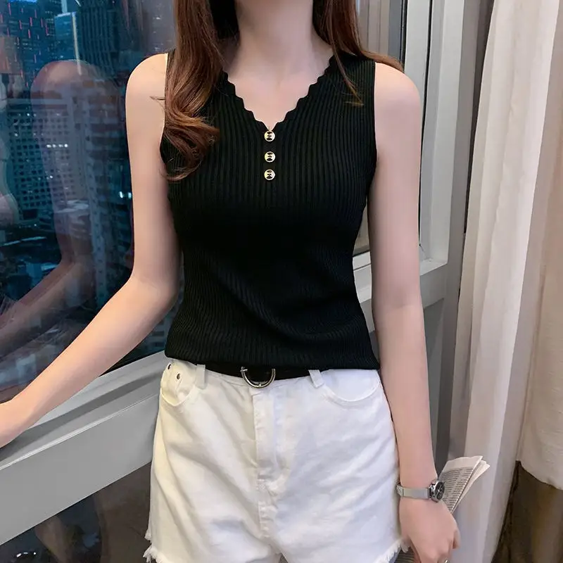 Women Button Camisole Summer Top Ice Silk Knit Yellow — feature 19