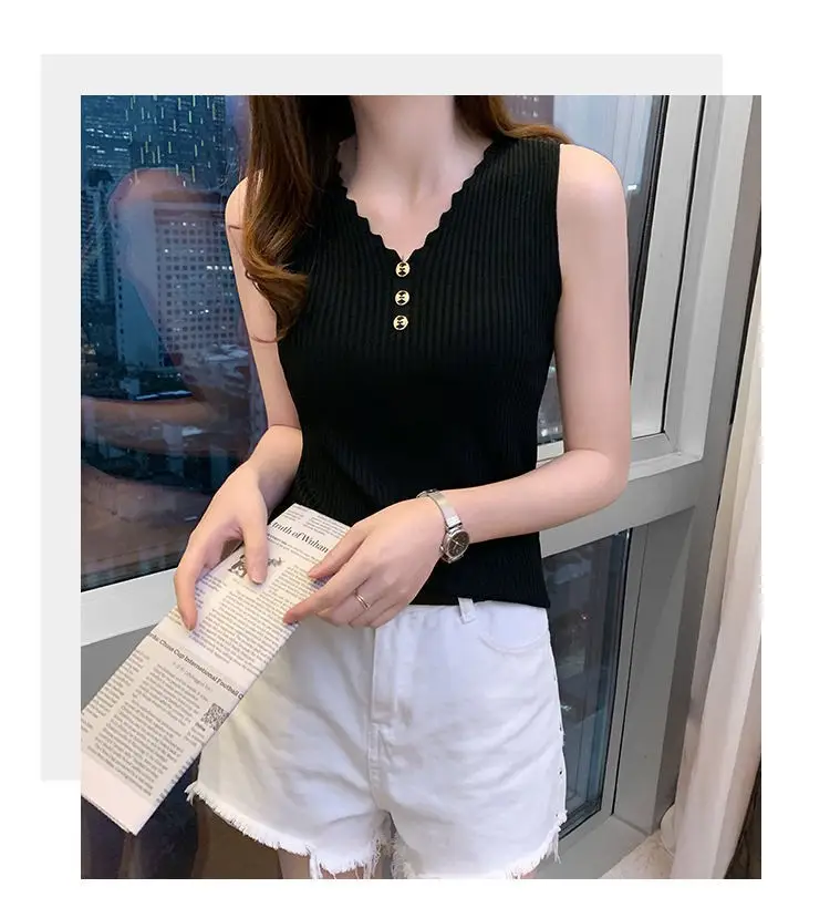 Women Button Camisole Summer Top Ice Silk Knit Yellow — feature 5