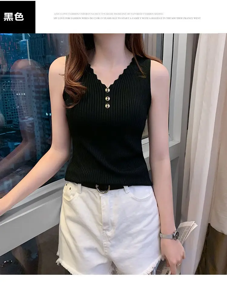 Women Button Camisole Summer Top Ice Silk Knit Yellow — feature 6