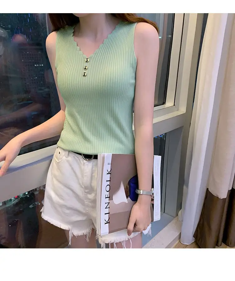 Women Button Camisole Summer Top Ice Silk Knit Yellow — feature 7