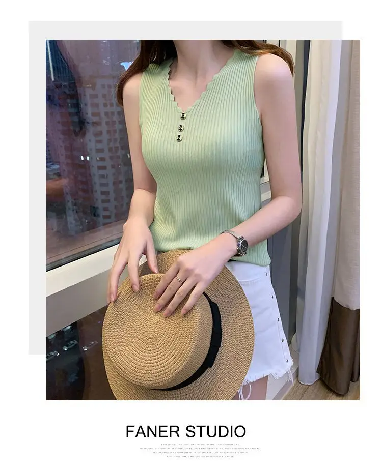 Women Button Camisole Summer Top Ice Silk Knit Yellow — feature 8