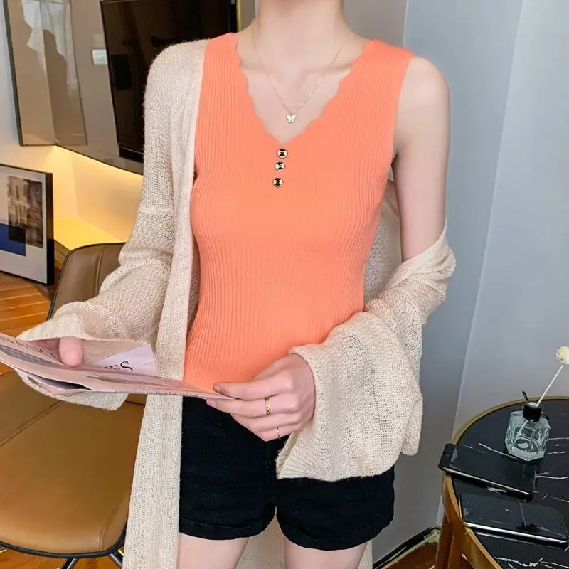 Women Button Camisole Summer Top Ice Silk Knit Yellow - Image 2