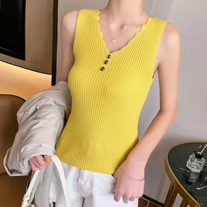 Women Button Camisole Summer Top Ice Silk Knit Yellow - Image 3