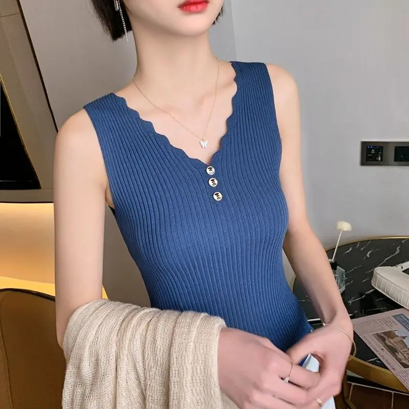 Women Button Camisole Summer Top Ice Silk Knit Yellow - Image 7