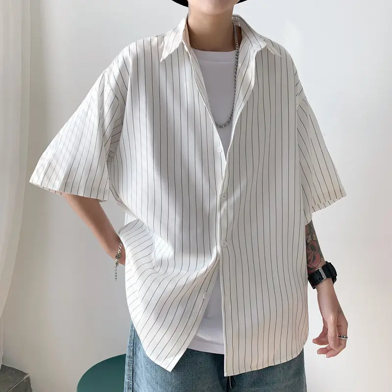 Men Striped Half Sleeve Shirt Hong Kong Style Loose Fit - Image 4