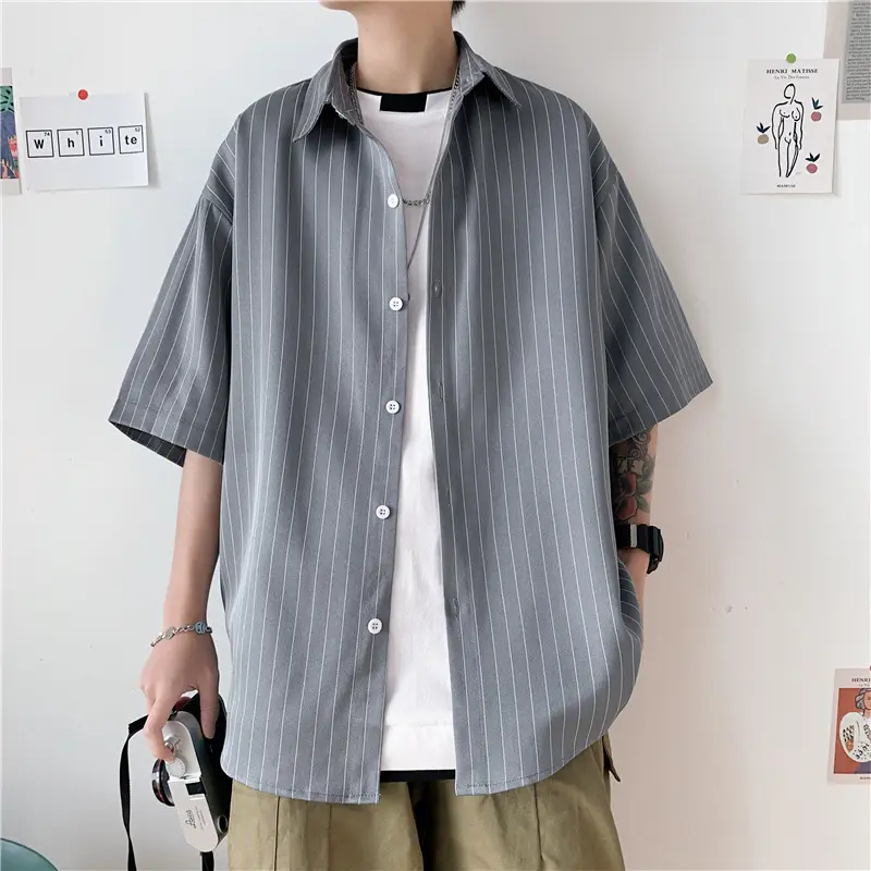 Men Striped Half Sleeve Shirt Hong Kong Style Loose Fit - Image 6